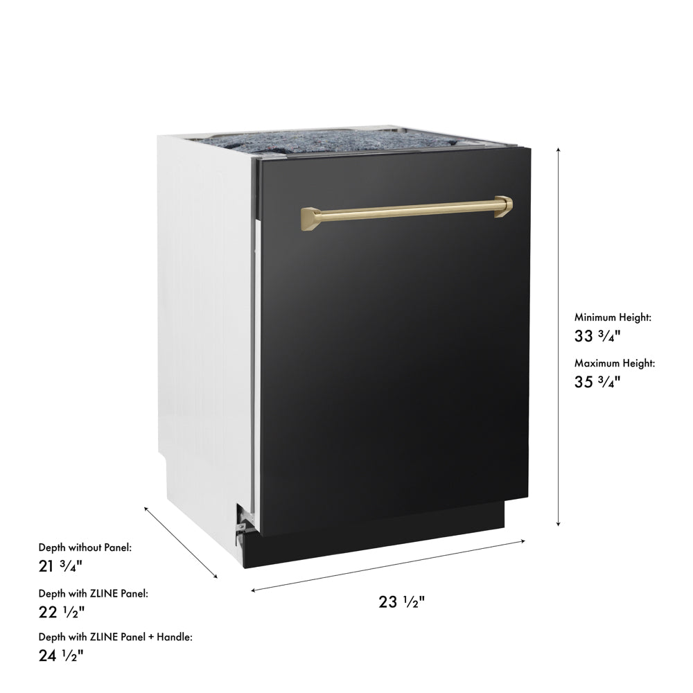 ZLINE Autograph Edition 24 in. Tallac Series 3rd Rack Dishwasher with Auto Door Open Drying, 51dBa, Black Stainless Steel Panel with Champagne Bronze Handle (DWVZ-BS-24-CB) with dimensions labeled.