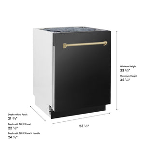 ZLINE Autograph Edition 24 in. Tallac Series 3rd Rack Dishwasher with Auto Door Open Drying, 51dBa, Black Stainless Steel Panel with Champagne Bronze Handle (DWVZ-BS-24-CB) with dimensions labeled.