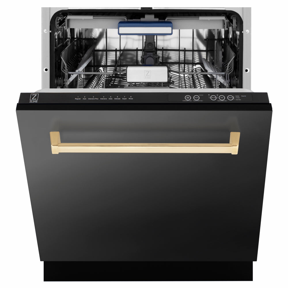 ZLINE Autograph Edition 24 in. Tallac Series 3rd Rack Dishwasher with Auto Door Open Drying, 51dBa, Black Stainless Steel Panel with Champagne Bronze Handle (DWVZ-BS-24-CB) front, half open.