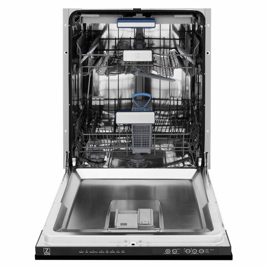 ZLINE Autograph Edition 24 in. Tallac Series 3rd Rack Dishwasher with Auto Door Open Drying, 51dBa, Black Stainless Steel Panel with Champagne Bronze Handle (DWVZ-BS-24-CB) front, open, showing stainless steel tub.