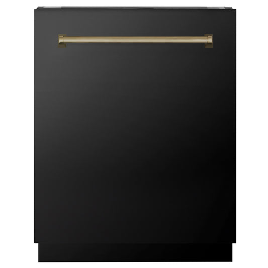 ZLINE Autograph Edition 24 in. Tallac Series 3rd Rack Dishwasher with Auto Door Open Drying, 51dBa, Black Stainless Steel Panel with Champagne Bronze Handle (DWVZ-BS-24-CB)