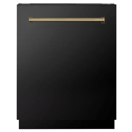 ZLINE Autograph Edition 24 in. Tallac Series 3rd Rack Dishwasher with Auto Door Open Drying, 51dBa, Black Stainless Steel Panel with Champagne Bronze Handle (DWVZ-BS-24-CB) main image.
