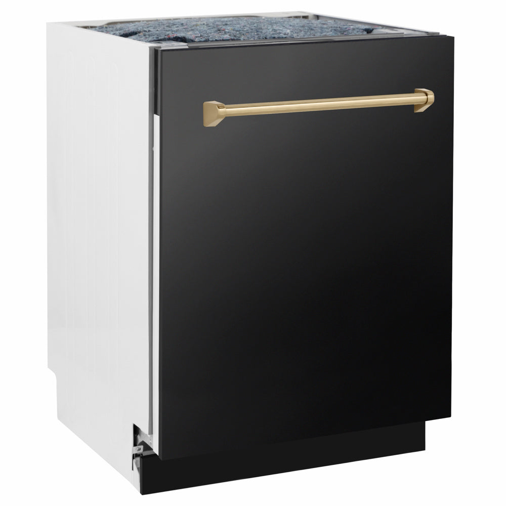 ZLINE Autograph Edition 24 in. Tallac Series 3rd Rack Dishwasher with Auto Door Open Drying, 51dBa, Black Stainless Steel Panel with Champagne Bronze Handle (DWVZ-BS-24-CB) side.