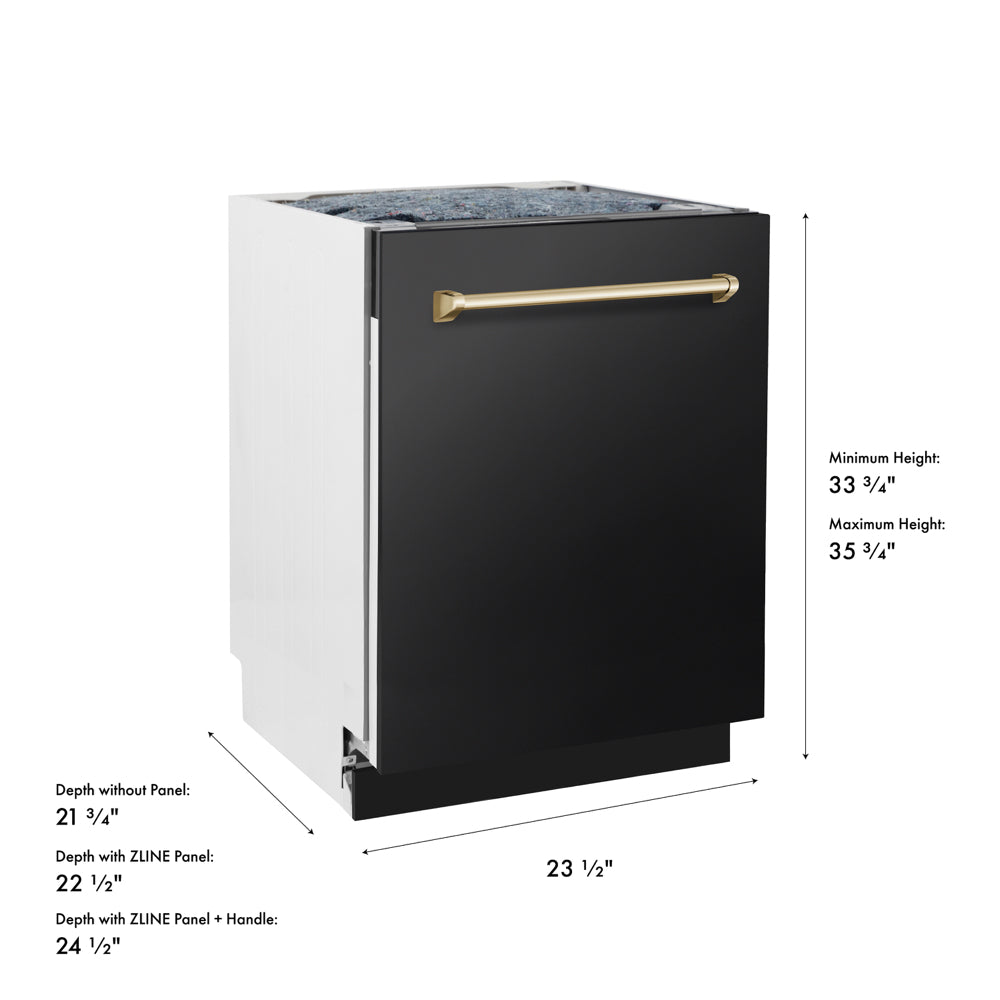 ZLINE Autograph Edition 24 in. Tallac Series 3rd Rack Dishwasher with Auto Door Open Drying, 51dBa, Black Stainless Steel Panel with Polished Gold Handle (DWVZ-BS-24-G) with dimensions labeled.