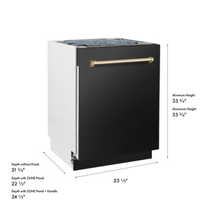 ZLINE Autograph Edition 24 in. Tallac Series 3rd Rack Dishwasher with Auto Door Open Drying, 51dBa, Black Stainless Steel Panel with Polished Gold Handle (DWVZ-BS-24-G) with dimensions labeled.