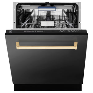 ZLINE Autograph Edition 24 in. Tallac Series 3rd Rack Dishwasher with Auto Door Open Drying, 51dBa, Black Stainless Steel Panel with Polished Gold Handle (DWVZ-BS-24-G) front, half open.