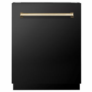 ZLINE Autograph Edition 24 in. Tallac Series 3rd Rack Dishwasher with Auto Door Open Drying, 51dBa, Black Stainless Steel Panel with Polished Gold Handle (DWVZ-BS-24-G) main image.