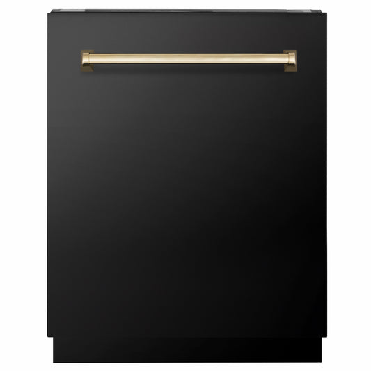 ZLINE Autograph Edition 24 in. Tallac Series 3rd Rack Dishwasher with Auto Door Open Drying, 51dBa, Black Stainless Steel Panel with Polished Gold Handle (DWVZ-BS-24-G)