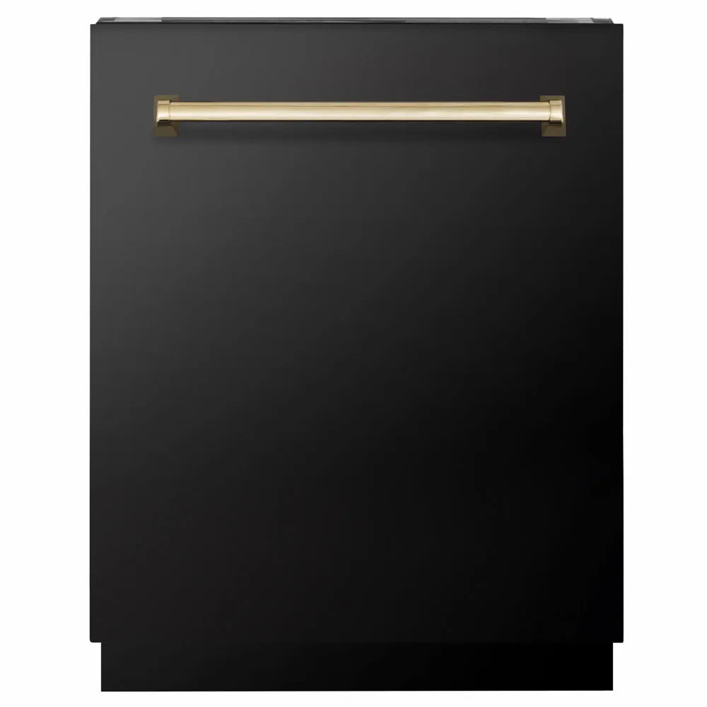 ZLINE Autograph Edition 24 in. Tallac Series 3rd Rack Dishwasher with Auto Door Open Drying, 51dBa, Black Stainless Steel Panel with Polished Gold Handle (DWVZ-BS-24-G) main image.
