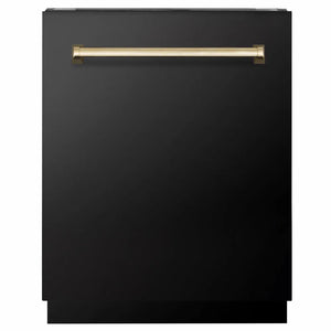 ZLINE Autograph Edition 24 in. Tallac Series 3rd Rack Dishwasher with Auto Door Open Drying, 51dBa, Black Stainless Steel Panel with Polished Gold Handle (DWVZ-BS-24-G) main image.