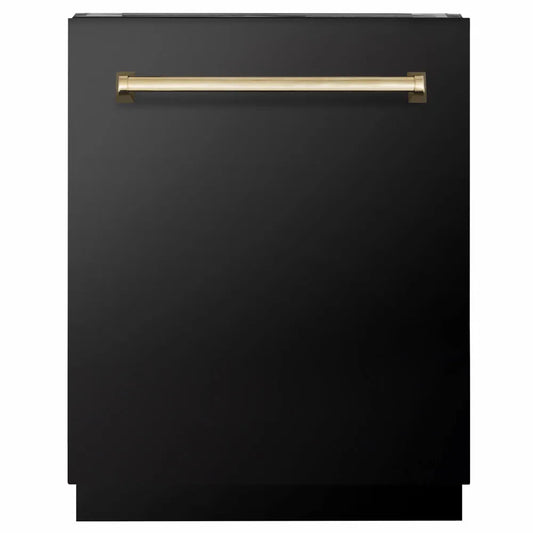 ZLINE Autograph Edition 24 in. Tallac Series 3rd Rack Dishwasher with Auto Door Open Drying, 51dBa, Black Stainless Steel Panel with Polished Gold Handle (DWVZ-BS-24-G) main image.