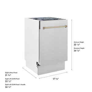ZLINE Autograph Edition 18 in. Tallac Series 3rd Rack Dishwasher with Auto Door Open Drying, 51dBa, Satin Stainless Steel Panel with Champagne Bronze Handle (DWVZ-SN-18-CB) with dimensions labeled.
