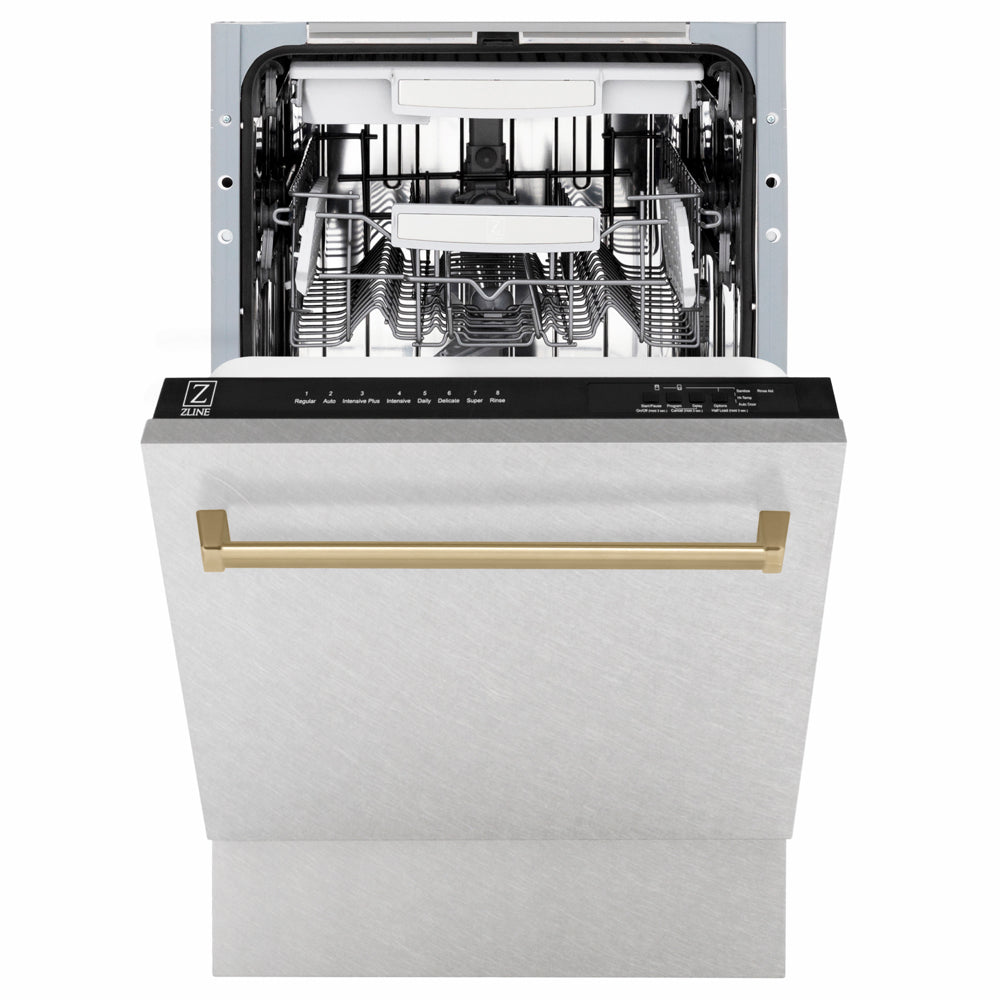 ZLINE Autograph Edition 18 in. Tallac Series 3rd Rack Dishwasher with Auto Door Open Drying, 51dBa, Satin Stainless Steel Panel with Champagne Bronze Handle (DWVZ-SN-18-CB) front, half open.