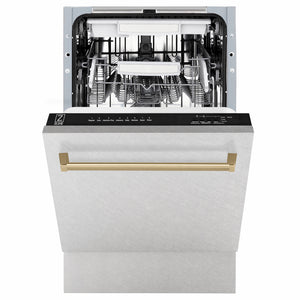 ZLINE Autograph Edition 18 in. Tallac Series 3rd Rack Dishwasher with Auto Door Open Drying, 51dBa, Satin Stainless Steel Panel with Champagne Bronze Handle (DWVZ-SN-18-CB) front, half open.