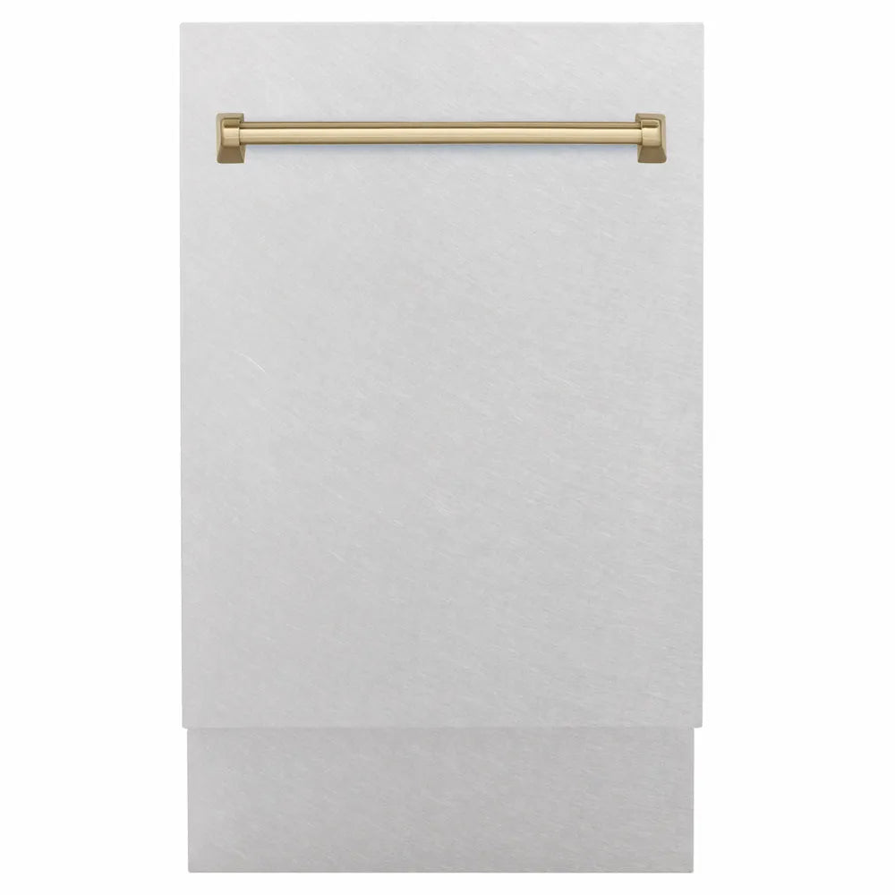 ZLINE Autograph Edition 18 in. Tallac Series 3rd Rack Dishwasher with Auto Door Open Drying, 51dBa, Satin Stainless Steel Panel with Champagne Bronze Handle (DWVZ-SN-18-CB) main image.