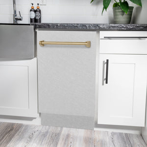 ZLINE Autograph Edition 18 in. Tallac Series 3rd Rack Dishwasher with Auto Door Open Drying, 51dBa, Satin Stainless Steel Panel with Champagne Bronze Handle (DWVZ-SN-18-CB) in a modern kitchen with white cabinets and a gray countertop.