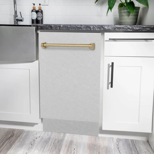 ZLINE Autograph Edition 18 in. Tallac Series 3rd Rack Dishwasher with Auto Door Open Drying, 51dBa, Satin Stainless Steel Panel with Champagne Bronze Handle (DWVZ-SN-18-CB) in a modern kitchen with white cabinets and a gray countertop.