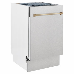 ZLINE Autograph Edition 18 in. Tallac Series 3rd Rack Dishwasher with Auto Door Open Drying, 51dBa, Satin Stainless Steel Panel with Champagne Bronze Handle (DWVZ-SN-18-CB) side.