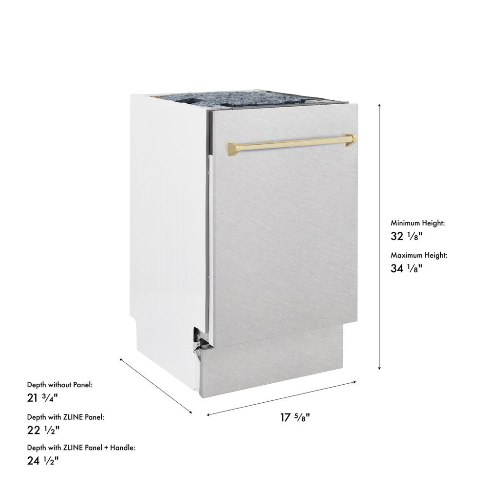ZLINE Autograph Edition 18 in. Tallac Series 3rd Rack Dishwasher with Auto Door Open Drying, 51dBa, Satin Stainless Steel Panel with Polished Gold Handle (DWVZ-SN-18-G) with dimensions labeled.