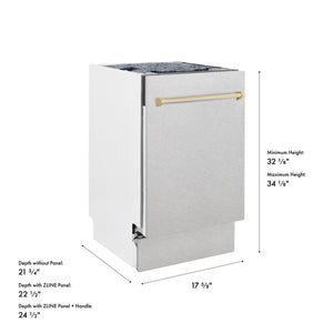 ZLINE Autograph Edition 18 in. Tallac Series 3rd Rack Dishwasher with Auto Door Open Drying, 51dBa, Satin Stainless Steel Panel with Polished Gold Handle (DWVZ-SN-18-G) with dimensions labeled.