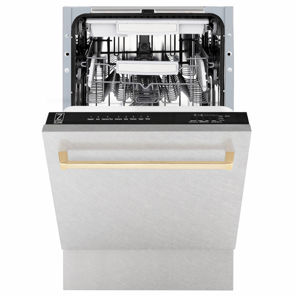 ZLINE Autograph Edition 18 in. Tallac Series 3rd Rack Dishwasher with Auto Door Open Drying, 51dBa, Satin Stainless Steel Panel with Polished Gold Handle (DWVZ-SN-18-G) front, half open.