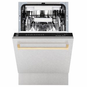 ZLINE Autograph Edition 18 in. Tallac Series 3rd Rack Dishwasher with Auto Door Open Drying, 51dBa, Satin Stainless Steel Panel with Polished Gold Handle (DWVZ-SN-18-G) front, half open.