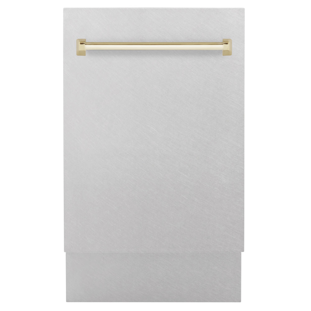 ZLINE Autograph Edition 18 in. Tallac Series 3rd Rack Dishwasher with Auto Door Open Drying, 51dBa, Satin Stainless Steel Panel with Polished Gold Handle (DWVZ-SN-18-G) main image.