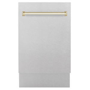 ZLINE Autograph Edition 18 in. Tallac Series 3rd Rack Dishwasher with Auto Door Open Drying, 51dBa, Satin Stainless Steel Panel with Polished Gold Handle (DWVZ-SN-18-G) main image.