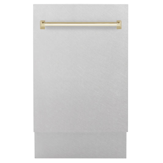 ZLINE Autograph Edition 18 in. Tallac Series 3rd Rack Dishwasher with Auto Door Open Drying, 51dBa, Satin Stainless Steel Panel with Polished Gold Handle (DWVZ-SN-18-G)