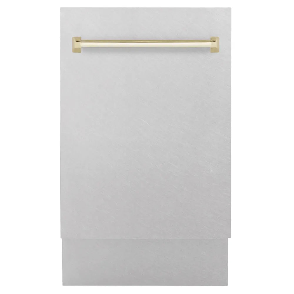 ZLINE Autograph Edition 18 in. Tallac Series 3rd Rack Dishwasher with Auto Door Open Drying, 51dBa, Satin Stainless Steel Panel with Polished Gold Handle (DWVZ-SN-18-G) main image.