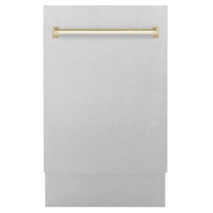 ZLINE Autograph Edition 18 in. Tallac Series 3rd Rack Dishwasher with Auto Door Open Drying, 51dBa, Satin Stainless Steel Panel with Polished Gold Handle (DWVZ-SN-18-G) main image.