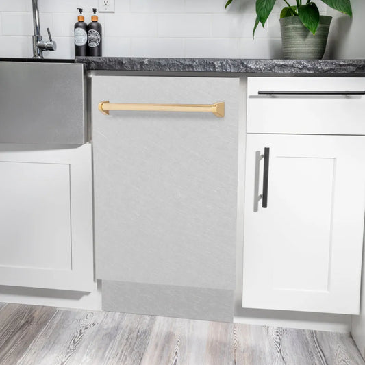 ZLINE Autograph Edition 18 in. Tallac Series 3rd Rack Dishwasher with Auto Door Open Drying, 51dBa, Satin Stainless Steel Panel with Polished Gold Handle (DWVZ-SN-18-G) in a modern kitchen with white cabinets and a gray countertop.