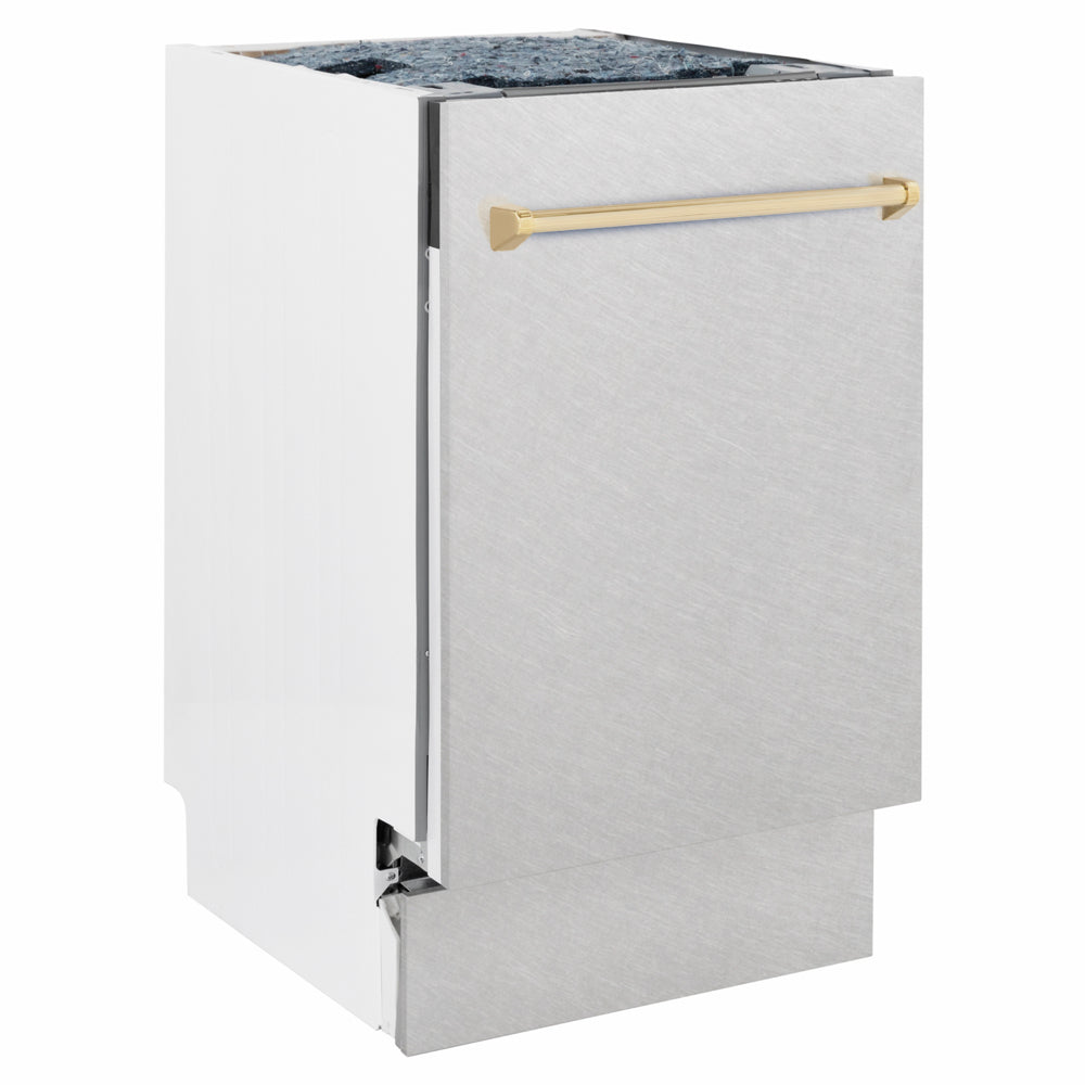 ZLINE Autograph Edition 18 in. Tallac Series 3rd Rack Dishwasher with Auto Door Open Drying, 51dBa, Satin Stainless Steel Panel with Polished Gold Handle (DWVZ-SN-18-G) side.