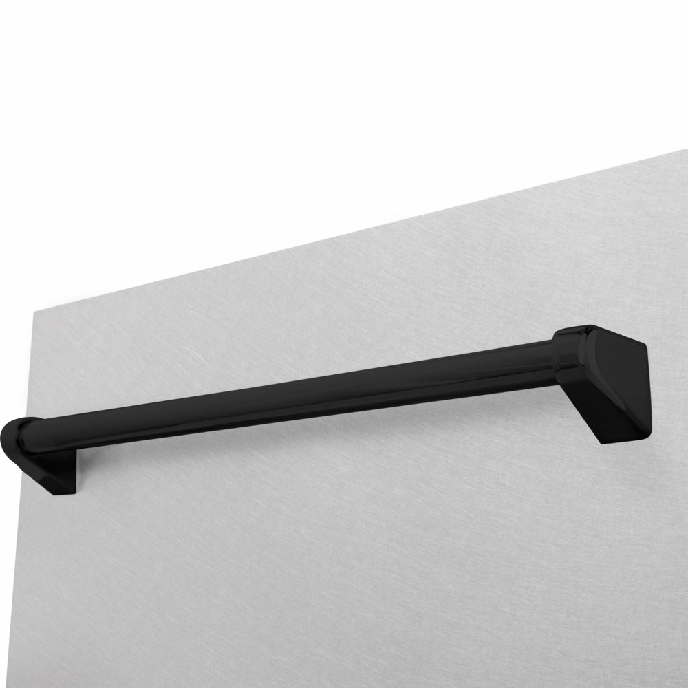 ZLINE Autograph Edition 18 in. Tallac Series 3rd Rack Dishwasher with Auto Door Open Drying, 51dBa, Satin Stainless Steel Panel with Matte Black Handle (DWVZ-SN-18-MB) close-up, handle location.