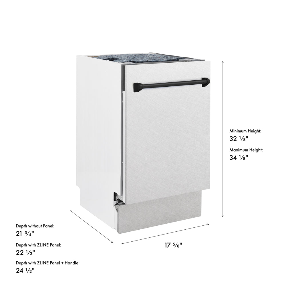 ZLINE Autograph Edition 18 in. Tallac Series 3rd Rack Dishwasher with Auto Door Open Drying, 51dBa, Satin Stainless Steel Panel with Matte Black Handle (DWVZ-SN-18-MB) with dimensions labeled.