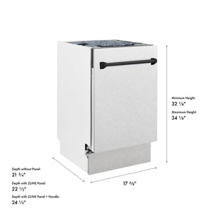 ZLINE Autograph Edition 18 in. Tallac Series 3rd Rack Dishwasher with Auto Door Open Drying, 51dBa, Satin Stainless Steel Panel with Matte Black Handle (DWVZ-SN-18-MB) with dimensions labeled.