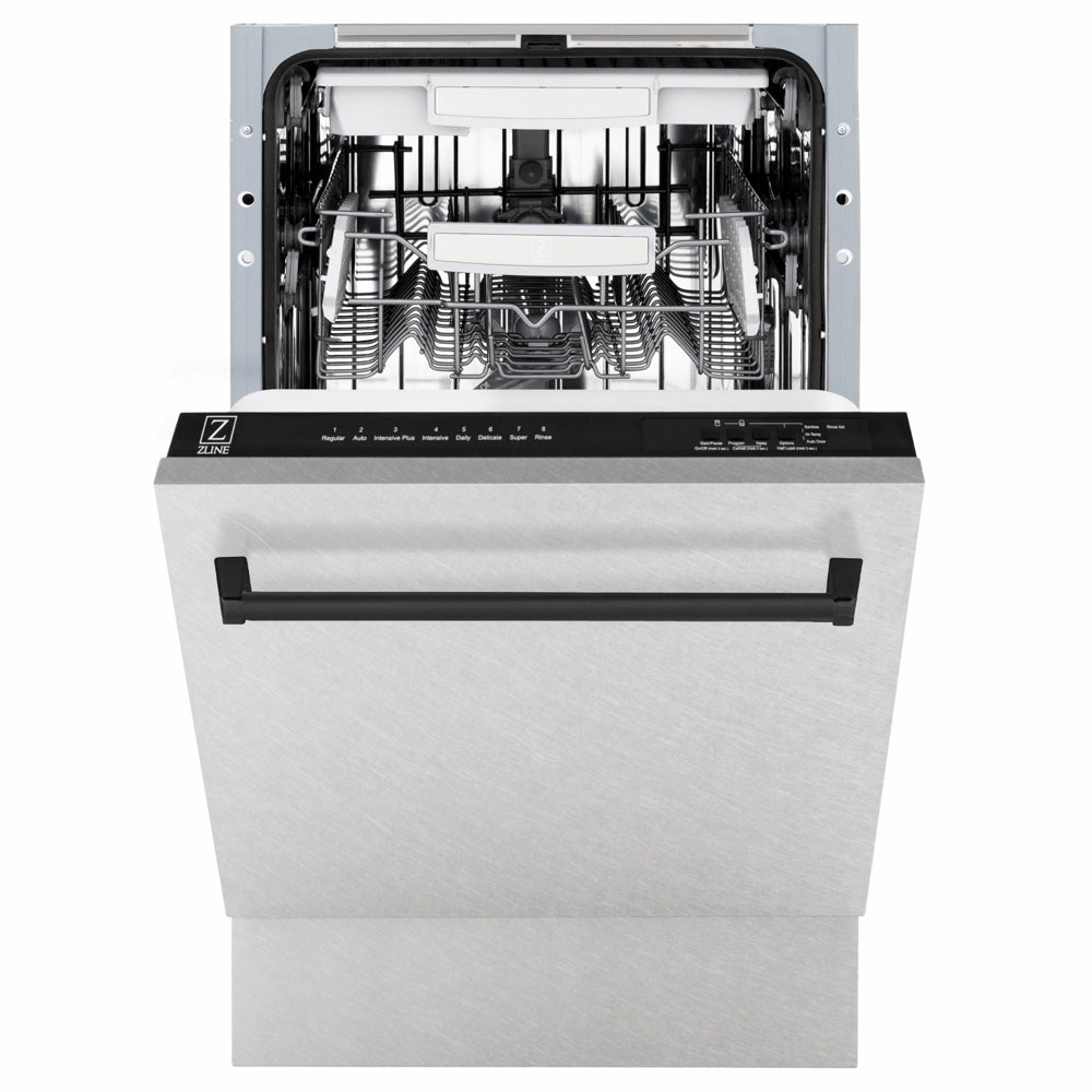 ZLINE Autograph Edition 18 in. Tallac Series 3rd Rack Dishwasher with Auto Door Open Drying, 51dBa, Satin Stainless Steel Panel with Matte Black Handle (DWVZ-SN-18-MB) front, half open.