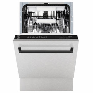 ZLINE Autograph Edition 18 in. Tallac Series 3rd Rack Dishwasher with Auto Door Open Drying, 51dBa, Satin Stainless Steel Panel with Matte Black Handle (DWVZ-SN-18-MB) front, half open.