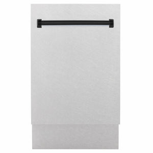 ZLINE Autograph Edition 18 in. Tallac Series 3rd Rack Dishwasher with Auto Door Open Drying, 51dBa, Satin Stainless Steel Panel with Matte Black Handle (DWVZ-SN-18-MB) main image.