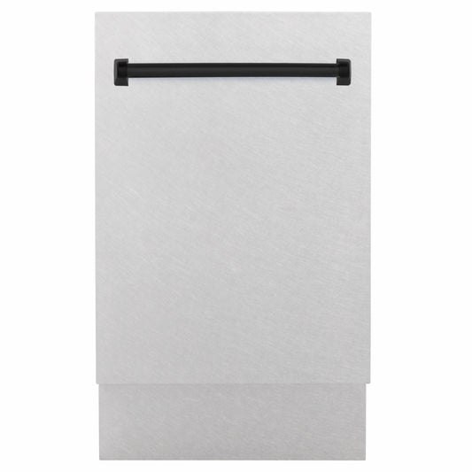 ZLINE Autograph Edition 18 in. Tallac Series 3rd Rack Dishwasher with Auto Door Open Drying, 51dBa, Satin Stainless Steel Panel with Matte Black Handle (DWVZ-SN-18-MB)