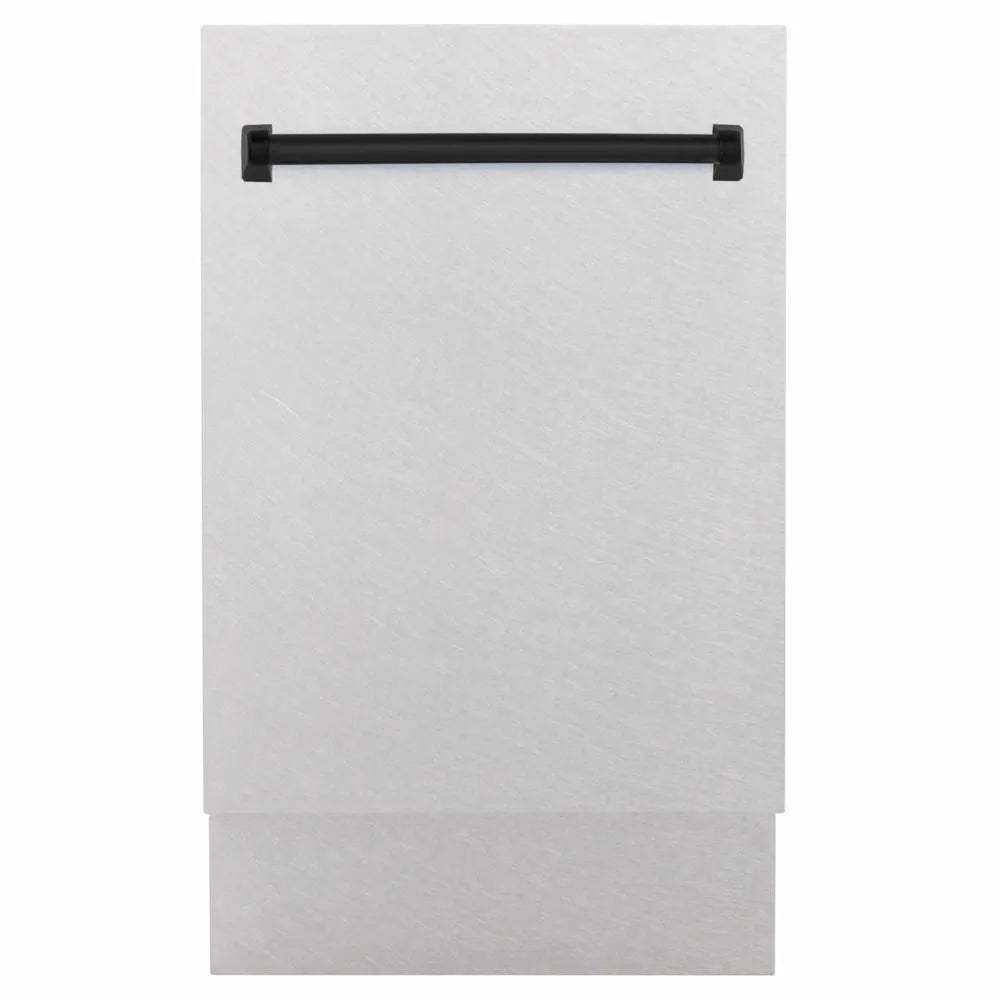 ZLINE Autograph Edition 18 in. Tallac Series 3rd Rack Dishwasher with Auto Door Open Drying, 51dBa, Satin Stainless Steel Panel with Matte Black Handle (DWVZ-SN-18-MB) main image.