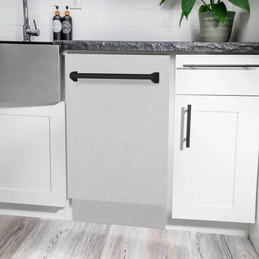 ZLINE Autograph Edition 18 in. Tallac Series 3rd Rack Dishwasher with Auto Door Open Drying, 51dBa, Satin Stainless Steel Panel with Matte Black Handle (DWVZ-SN-18-MB) in a modern kitchen with white cabinets and a gray countertop.