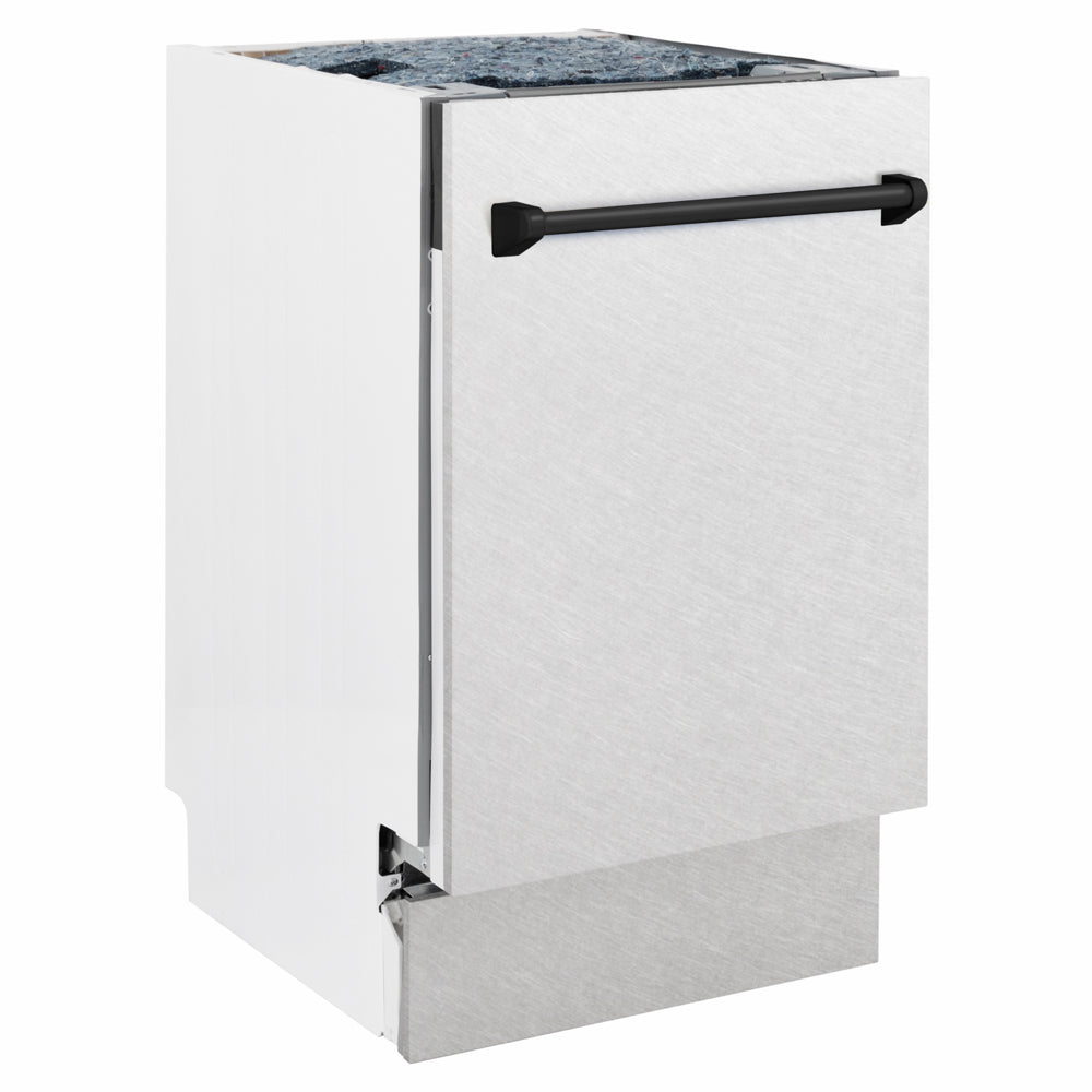 ZLINE Autograph Edition 18 in. Tallac Series 3rd Rack Dishwasher with Auto Door Open Drying, 51dBa, Satin Stainless Steel Panel with Matte Black Handle (DWVZ-SN-18-MB) side.