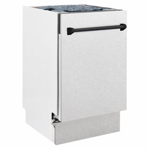 ZLINE Autograph Edition 18 in. Tallac Series 3rd Rack Dishwasher with Auto Door Open Drying, 51dBa, Satin Stainless Steel Panel with Matte Black Handle (DWVZ-SN-18-MB) side.