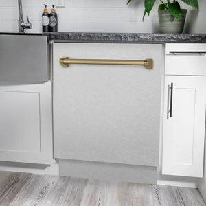 ZLINE Autograph Edition 24 in. Tallac Series 3rd Rack Dishwasher with Auto Door Open Drying, 51dBa, Satin Stainless Steel Panel with Champagne Bronze Handle (DWVZ-SN-24-CB) in a modern kitchen with white cabinets and a gray countertop.