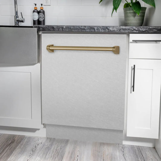 ZLINE Autograph Edition 24 in. Tallac Series 3rd Rack Dishwasher with Auto Door Open Drying, 51dBa, Satin Stainless Steel Panel with Champagne Bronze Handle (DWVZ-SN-24-CB) in a modern kitchen with white cabinets and a gray countertop.