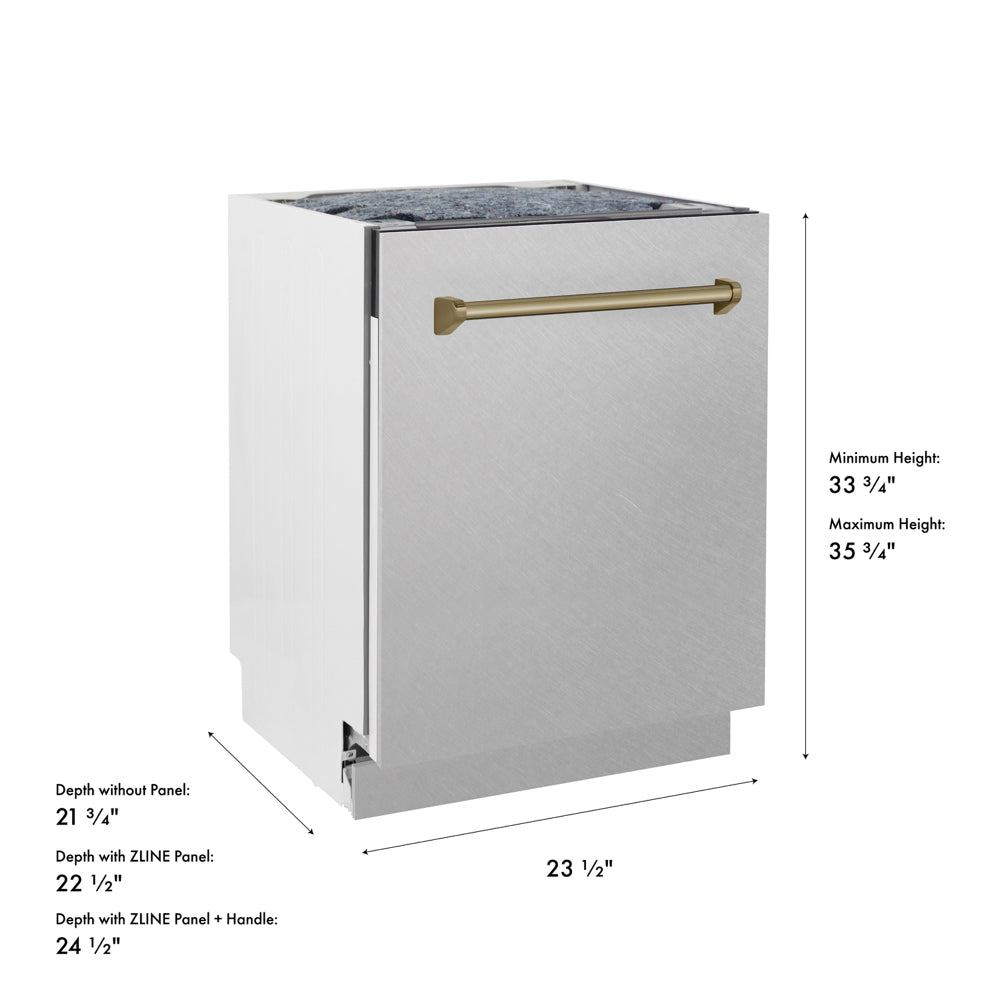 ZLINE Autograph Edition 24 in. Tallac Series 3rd Rack Dishwasher with Auto Door Open Drying, 51dBa, Satin Stainless Steel Panel with Champagne Bronze Handle (DWVZ-SN-24-CB) with dimensions labeled.