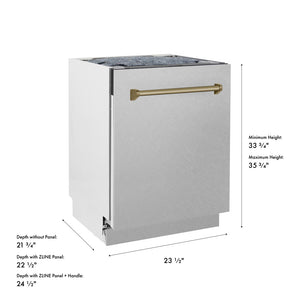 ZLINE Autograph Edition 24 in. Tallac Series 3rd Rack Dishwasher with Auto Door Open Drying, 51dBa, Satin Stainless Steel Panel with Champagne Bronze Handle (DWVZ-SN-24-CB) with dimensions labeled.