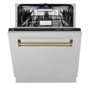 ZLINE Autograph Edition 24 in. Tallac Series 3rd Rack Dishwasher with Auto Door Open Drying, 51dBa, Satin Stainless Steel Panel with Champagne Bronze Handle (DWVZ-SN-24-CB) front, half open.