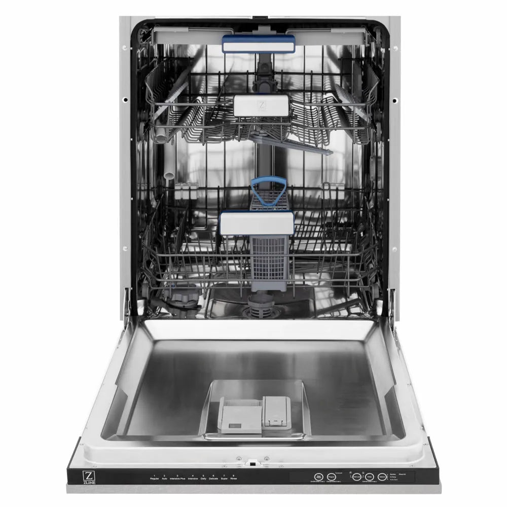 ZLINE Autograph Edition 24 in. Tallac Series 3rd Rack Dishwasher with Auto Door Open Drying, 51dBa, Satin Stainless Steel Panel with Champagne Bronze Handle (DWVZ-SN-24-CB) front, open, showing stainless steel tub.